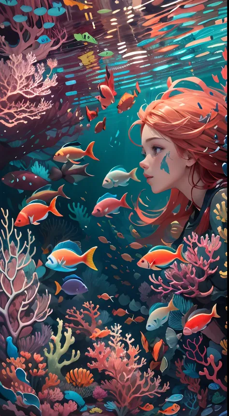 Conceptual art of marine life, Undersea landscape, Marine life，Beautiful coral reefs come in different shapes, 3D，, Fish, Female animated fantasy illustration. Long red hair scattered in the sea, Drift, Very harmonious. The whole painting adopts a messy an...