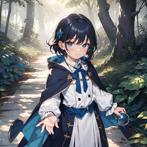 Seaside forest，Magician dress-up，Blue cape, coat, white shirt, black haired child，blue color eyes，The expression is smug and happy