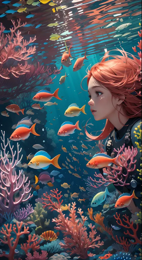 Conceptual art of marine life, Undersea landscape, Marine life，Beautiful coral reefs come in different shapes, 3D，, Fish, Female animated fantasy illustration. Long red hair scattered in the sea, Drift, Very harmonious. The whole painting adopts a messy an...