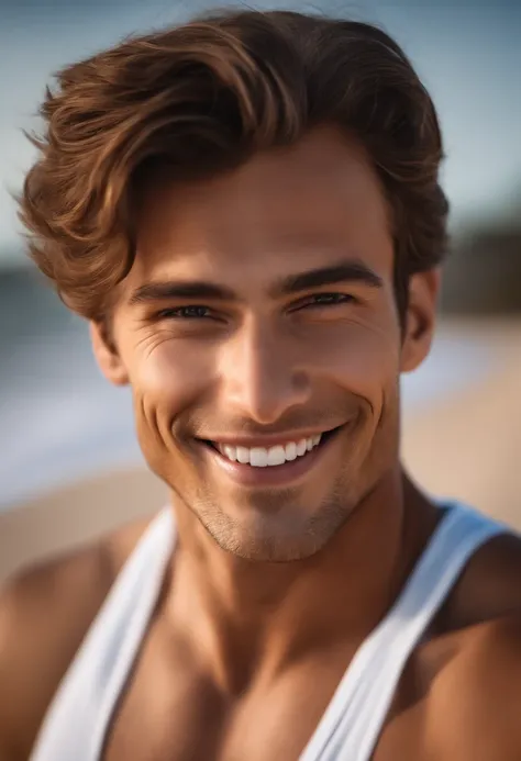 man,Raw photo,hiquality,Relax on the beach,brown haired,skin of white color,a smile