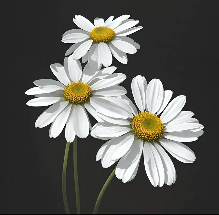 There are three white flowers，There is a yellow center on a black background, Daisies, Chamomile, giant daisy flower head, finely detailed illustration, digital painted, Realistic illustration, detailed digital illustration, high detail illustration, Highl...