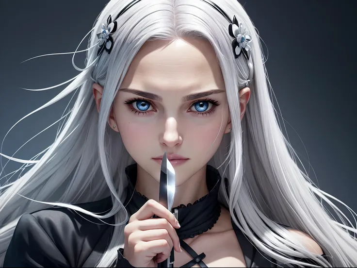 a close up of a person with white hair and a knife, natalie portman, inspired by Okumura Togyu, she has dark grey hairs, a silver haired mad,anime girl with blue eyes, inspired by Okumura Masanobu, young anime woman, female anime character, nagito komaeda ...