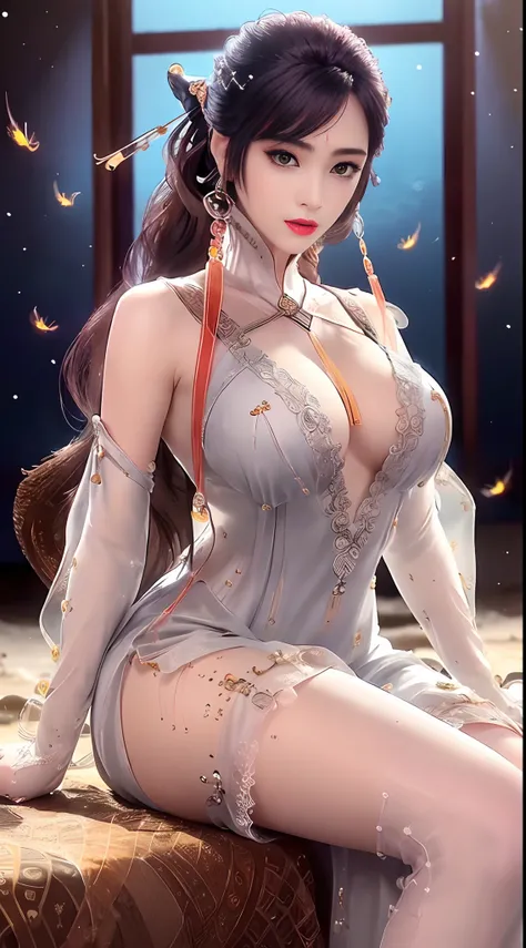 1 beautiful and sexy 20 year old girl, ((wearing a transparent silver nightgown with sexy white lace trim:1.7)), (((Transparent nightgown can see each part of the sexy girls body:1.7))), ((a dress with diamonds:1.7)), ((long black hair:1.6)), jewelry elabo...