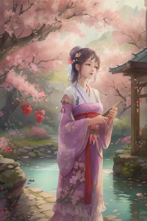 A girl standing in a beautiful garden, Plum blossoms and plum petals floating in the air around. The scenery is picturesque, A tranquil river flows beside the winding road. The girl has charming and delicate eyes. Her lips are also beautiful, Adds to her e...