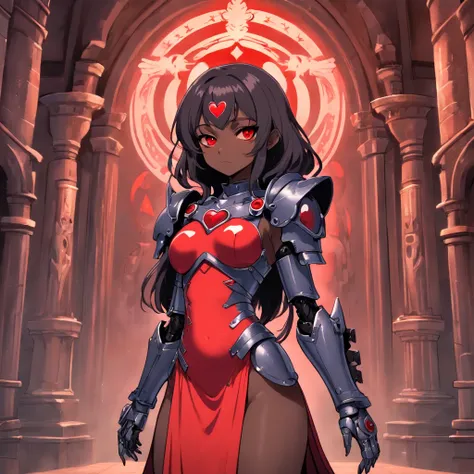 (queen power armor), ((little girl)) , (gothic style), dark skin , bellybutton, The most beautiful and sexy demon goddess, long ashy hair, glowing red eyes, wearing detailed black gothic battle armor, (tattoos and piercings), gothic castle, perfect masterp...