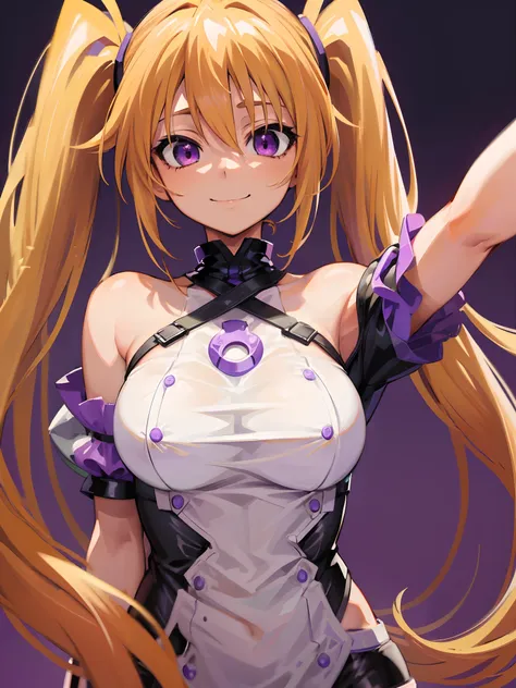 (Masterpiece),best quality, long blonde hair, purple eyes, twintails, smile, Shidou Irina, medium breasts, naked, simple background, standing, ((upper body)).