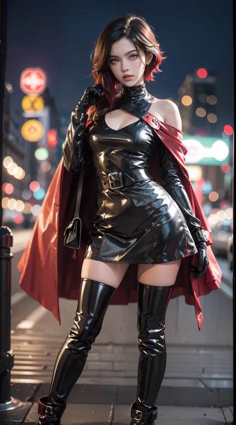 (1girll),full body shot shot，ruby rose, wear latex gloves, (black dress+long sleeves), (red cape), (pantyhose:0.9), （black shiny...