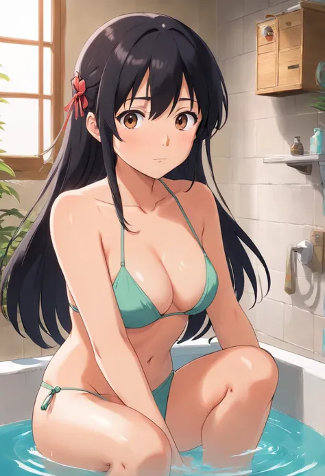 1 Beautiful black hair big, in bikini, nffsw, masutepiece, ccurate,Similar to Waka Inoue, Similar to Asuna Yuuki, Sitting on the toilet, shame and strong sexual arousal,、Sexual climax、Super embarrassing, Surprising, Poop is anatomically correct, Textured s...