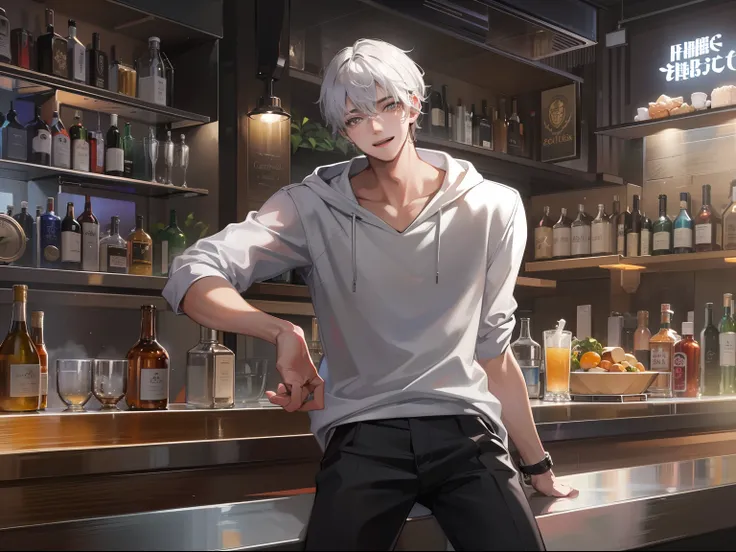 An 18-year-old boy with short white hair and white half-sleeves，Stand in front of the bar，With a smile，Upper body display，Inside a modern urban bar，grand master，tmasterpiece，8k wallpaper，CG，Ultra-high image quality