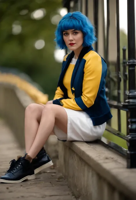 cute, Mary Elizabeth Winstead as (Ramona_flowers), blue hair, hair collected, (white wedding dress, blue & black jacket), relax, serious, (cigarette), with her elbows leaning on a railing, big eyes, (black headband with a (yellow star)), by Wes Anderson, a...