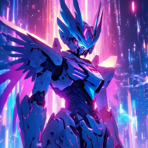 (8k,best quality, masterpiece:1.2),physically-based rendering,tyndall effect,surface reflection,metallic luster,looking at viewer,Close-Up, (Mecha:1.1),full body,solo,glowing,armor,large wings,planet,fire,Universe,scientific discoveries,pastel colors,scifi...