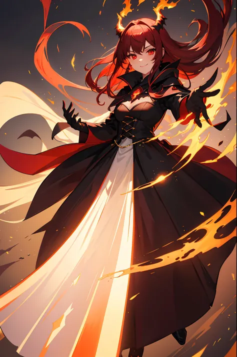 masterpiece, highlydetailed, intense shadows, dark, solo, (1girl), fiery red hair, glowing red eyes, (long black dress), (flowing cape), (fire magic), (smoke effects), (floating in mid-air), (cracked ground), (burning embers), (sinister smile)