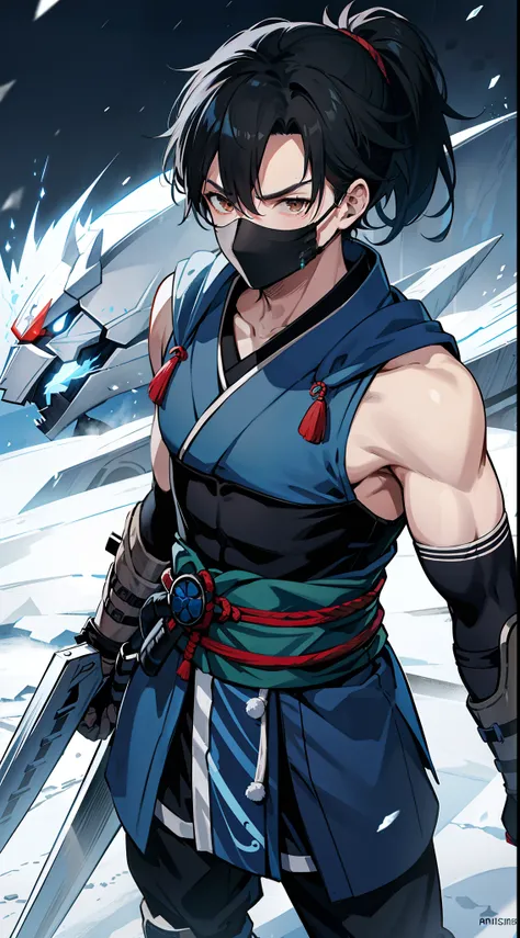 Grown-up guy, short black hair, high ponytail, Brown eyes, mask, blue shinobi kimono, Sleeveless, Sub-Zero, Cold, ice, blizzard, Battle-ax, Masterpiece, hiquality, 4k, HD, Good detail