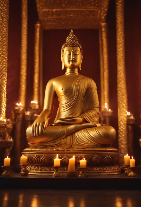 Siddhartha Buddhas golden sculpture in a tample, Offered with candles, long shot, hyper realistic, hyper detailed, masterpiece, photorealistic,8k.