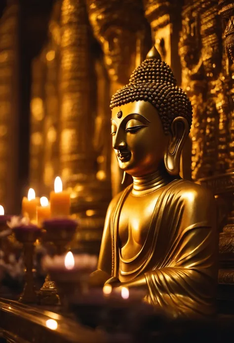 Siddhartha Buddhas golden sculpture in a tample, Offered with candles, long shot, hyper realistic, hyper detailed, masterpiece, photorealistic,8k.