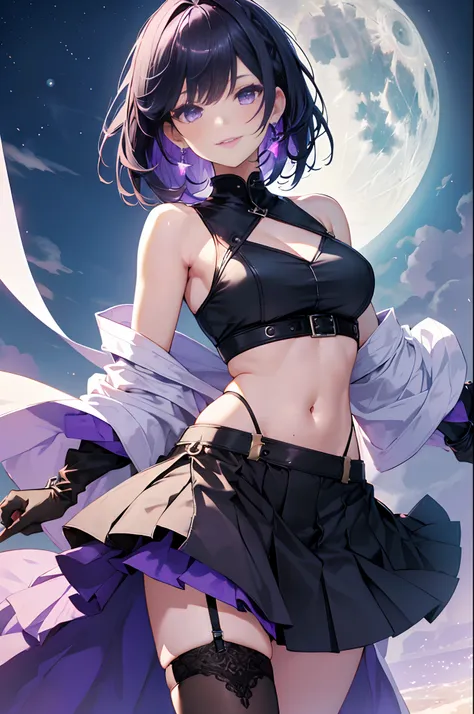 (Best quality, highest resolution, 8k, 1 girl, solo), masculine girl, muscular body, (black hair, blue fringes, short hair, braided hair, tattered clothes, emerald eyes, crop-top, threaded outfit, purple lips), V-neck, gothic style, bare shoulders, long gl...