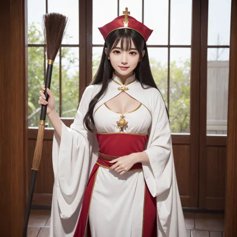 Neat and clean priestess、((best qualtiy、8k masterpieces:1.3))、foco nítido:1.2、(ultra beautiful faces:1.0)、(shinny skin:1.0)、photos realistic、A dark-haired、Video Lighting、High-definition eyes and face、Video Lighting、Japan Idol Actress、from the front side、me...