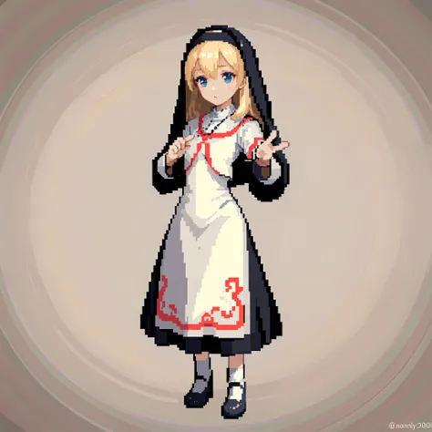 (best quality, masterpiee:1.2),ultra-detailed,(realistic,photo-realistic:1.37),pixel, pixel art, full body ,Nun game character, traditional costume, sacred atmosphere, perfectly drawn fingers