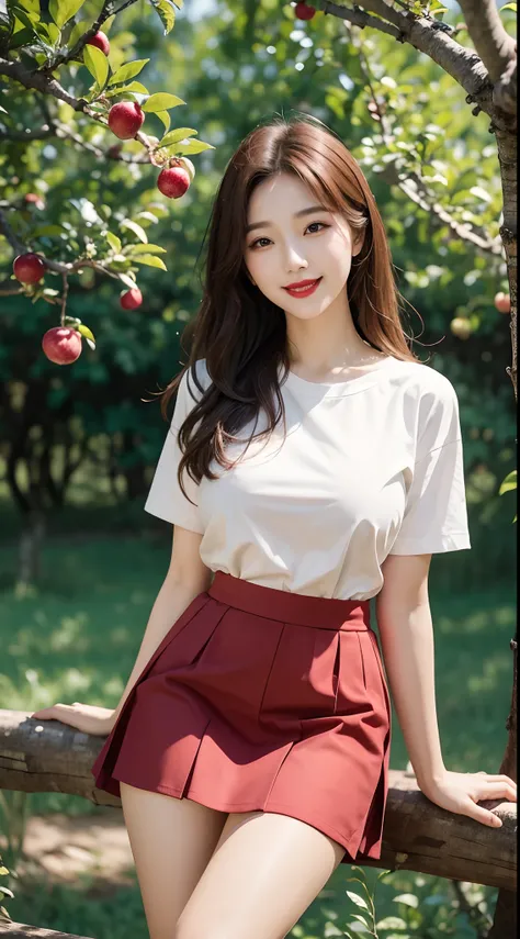 best quality, 4k, 8k, Detailed faces, clear face, pretty girls, Korean makeup, Red lips, laugh, perfect body, big breasts, thigh, Skirt, shirts, View of orchards, fruit trees,