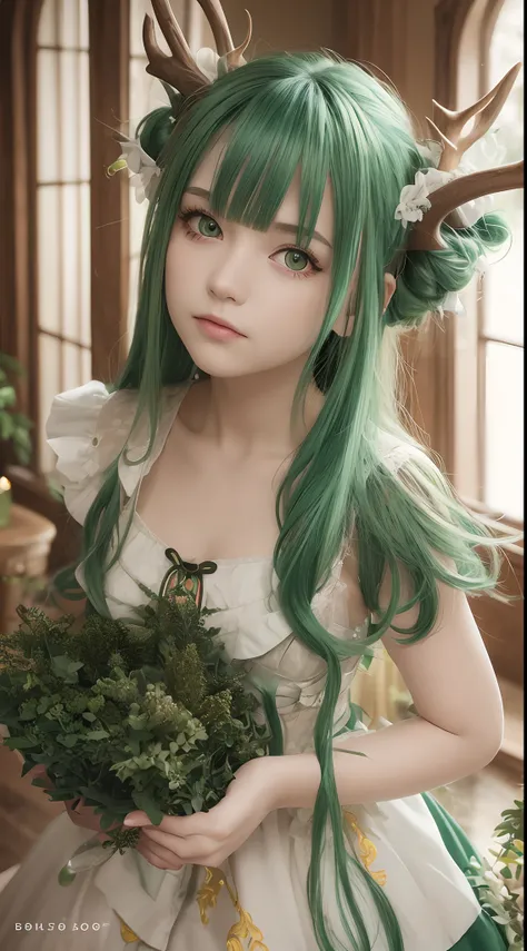 High-quality graphics,tmasterpiece,Bokeh,Green-haired beauty,Yellow vertical pupils,deer antlers,Maid decoration,Soft lighting,stooped,Playful,Sharp focus,Ultra-detailed,Portrait,landscape,Vivid colors,Soft lighting