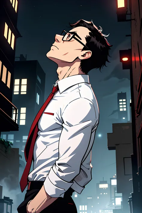 backside view, skinny guy, short black hair, glasses, wearing a white shirt, red tie, scared, looking up, gotham city alley background, night time