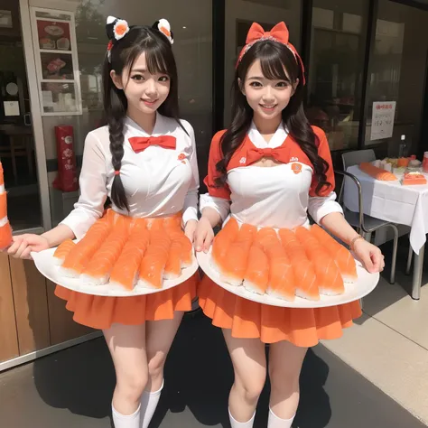 Female idol covered in sushi（Cute costumes）、Looks fun、full body Esbian、