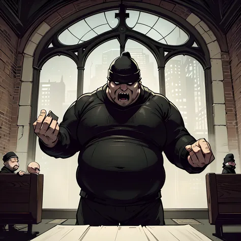 fat man, robber, wearing a black sweater, black beanie hat, bald, creepy face, scared, scream, inside gotham city church, night time