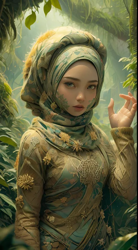 1sexy menina in hijab com roupas da floresta, flores, folhas, mandalas, fractal,( afro americana)