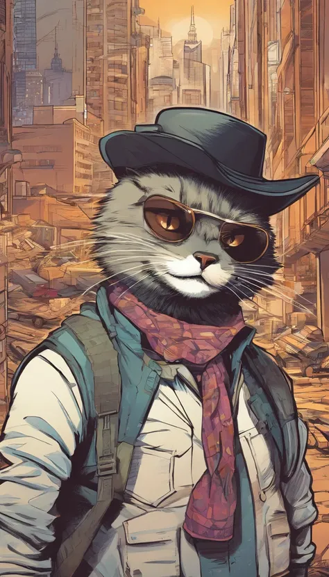 Image of a black cat in a hat and scarf, holding a shotgun in his paws，Trends in Art Station，Wear punk clothes，Ultra-realistic detailed rendering，urban style，intimidating pose，planet of cats，Fashionable outfit，urbansamurai，cat，Wearing a work hat，Moving bri...