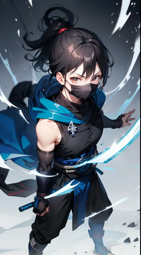 Grown-up guy, short black hair, high ponytail, Brown eyes, mask, blue shinobi kimono, Sleeveless, Sub-Zero, Cold, ice, blizzard, Battle-ax, Masterpiece, hiquality, 4k, HD, Good detail