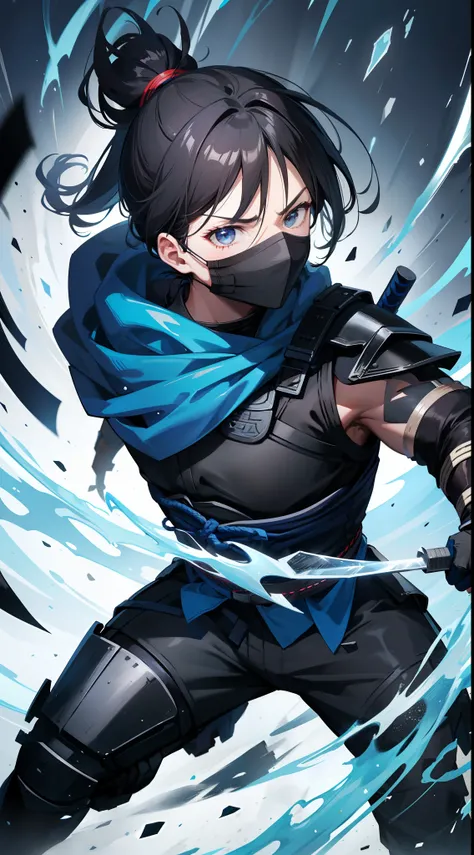 Grown-up guy, short black hair, high ponytail, Brown eyes, mask, blue shinobi kimono, Sleeveless, Sub-Zero, Cold, ice, blizzard, Battle-ax, Masterpiece, hiquality, 4k, HD, Good detail