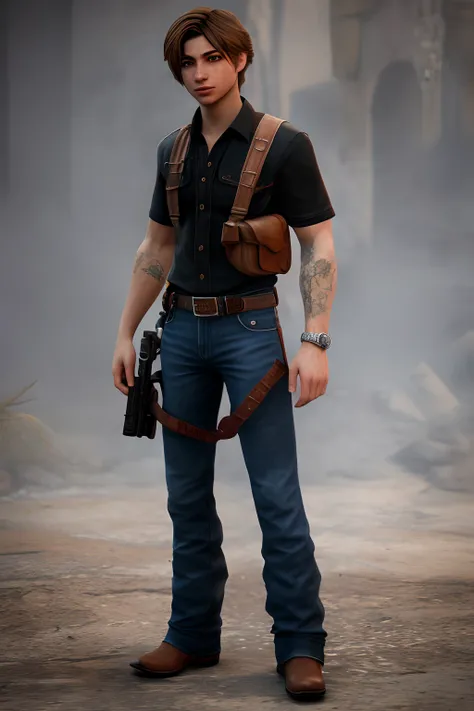 1boy, cowboy shot of re4leon,black shirt, holster, black pants, athletic, volumetric lighting, best quality, masterpiece, intricate details, tonemapping, sharp focus, hyper detailed, trending on Artstation, looking at viewer, realistic