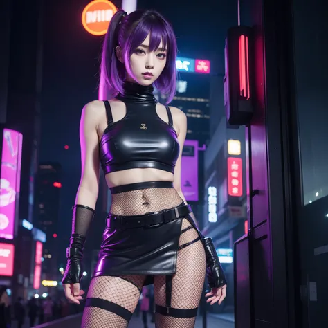 Cyberpunk Ninja Idol、Mini Skirt Ninja Fashion、fishnet tights、full body Esbian、Cyberpunk Night Town、Fluorescent purple、Cyberpunk Muffler、Looks fun