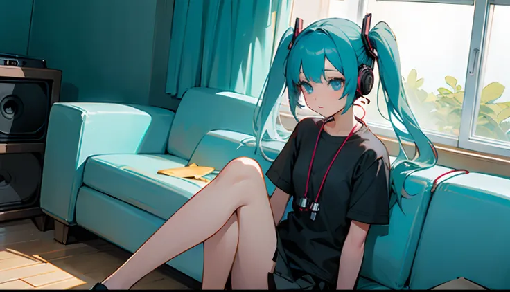 ((masterpiece,best quality))1girl, solo, black skirt, blue eyes,, headphones, long hair, , music, one side up, teal hair, twin tails, pleated skirt, black shirt, indoors