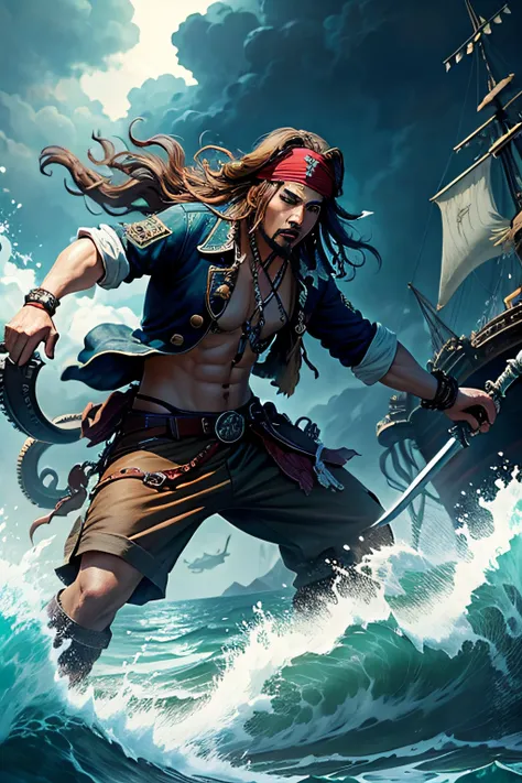 Jack Sparrow as Anime ,fighting with an Kraken,with sword and stormy sea