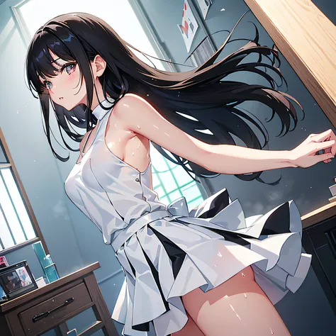 Super delicate cute girl with black hair、a junior high school student、14years、8K Ultra High Definition, Delicate texture, Medium Hair、White camisole、White miniskirt、Japan School Classroom、during daytime、(Glossy skin、be sweaty:1.4)、posterior view