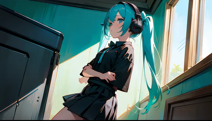 ((masterpiece,best quality))1girl, solo, black skirt, blue eyes,, headphones, long hair, , music, one side up, teal hair, twin tails, pleated skirt, black shirt, indoors