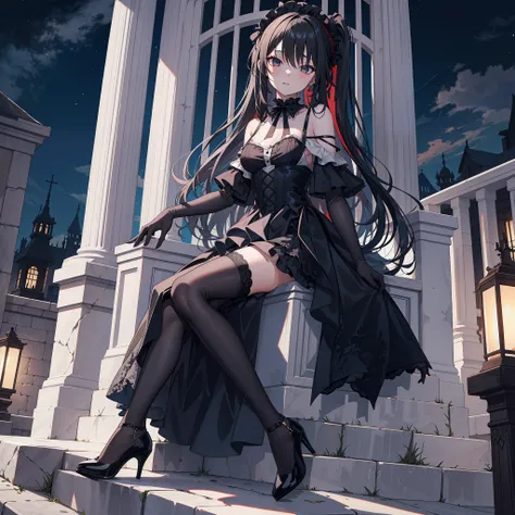 masterpiece, best quality, ultra-detailed,
1girl, beautiful girls ,dark night,cute,petite， full body,
On the palace,Sitting on the throne,queen,evil god,
Cold and heartless,off Shoulder,pitiless eyes，
long hair, single horsetail ponytail, black hair,crosse...