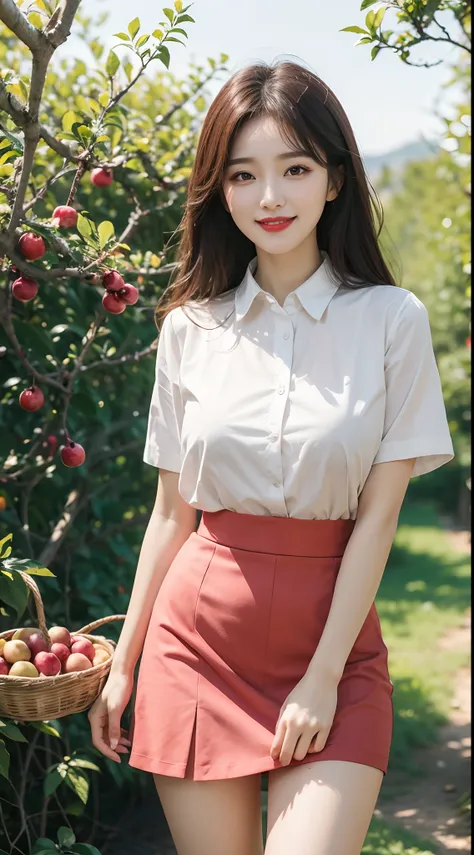 best quality, 4k, 8k, Detailed faces, clear face, pretty girls, Korean makeup, Red lips, laugh, perfect body, big breasts, thigh, Skirt, shirts, View of orchards, fruit trees,