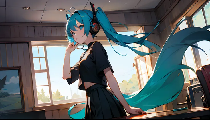 ((masterpiece,best quality))1girl, solo, black skirt, blue eyes,, headphones, long hair, , music, one side up, teal hair, twin tails, pleated skirt, black shirt, indoors