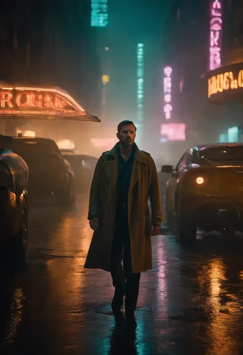 "Joe, the enigmatic protagonist of Blade Runner 2049, finds himself standing at the edge of a bustling metropolis. As he gazes up at the neon-lit cityscape above a stormy, smog-filled sky, sadness, raining, gazing upwards. neon lights, close up, wet, Joe t...