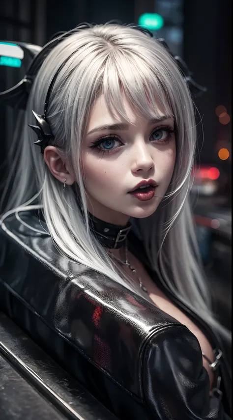 1 Sexy girl in gothic punk costume,Red inner color of silver hair、corrupt、Bewitching succubus、(Slouched:1.5)put out the tongue、Aerial view、up on the face、cyberpunkcity、Cyber world meets Gothic、Background blur