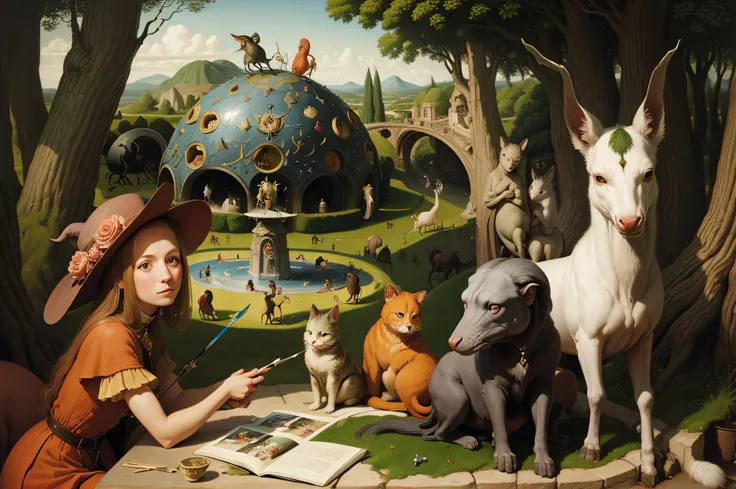 Surrealism people and animals, Fancy , painting, Hieronymus Bosch, Garden of Earthly Delights very sharp