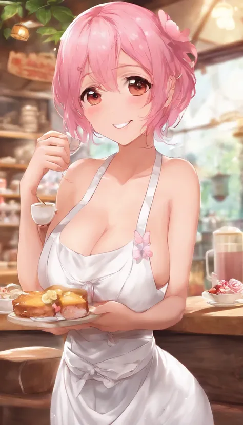 1girl, solo, nakano nino, pink hair, butterfly hair ornament, (naked:1.3), (white apron), large breasts, cleavage, thighs, cafe background, (blushing:1.3),Showing , , pink ,visible ,wet body , milf, nsfw