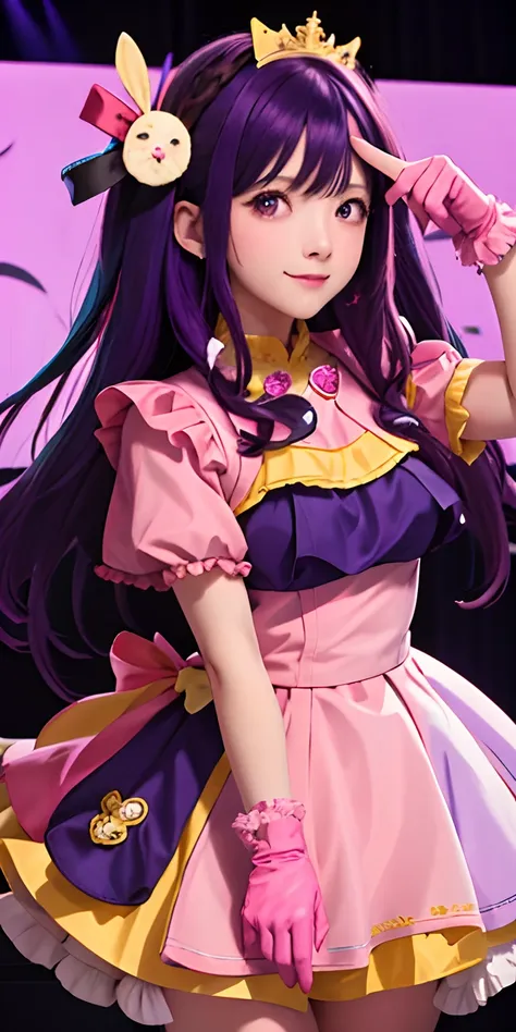 masterpiece, best quality, ultra-detailed,solo, hoshinoai, skirt, pink gloves, hair ornament, looking at viewer, heart, purple eyes, light purple hair,