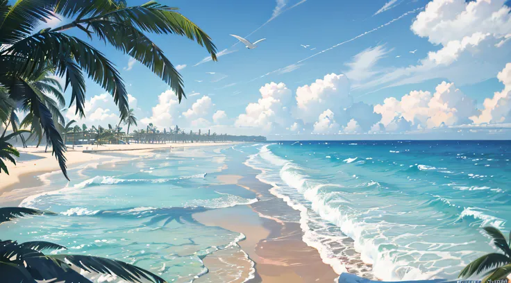 Wallpaper, Sea, Breaking Waves, Pink Sky, Beach, palm tree, sand, hills, shores, sand on the right, sea on the left, shaping straight line from top to bottom, beach shores, more sand, tree trunk on the sand, HD Detail, Ultra Detail, Film, Hyper Realism, So...