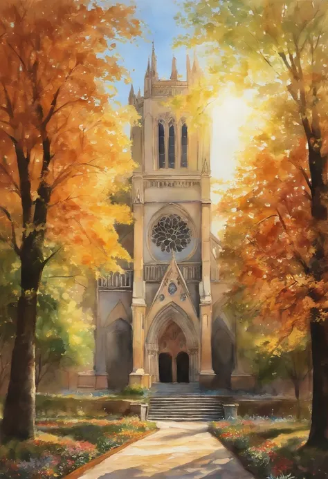 watercolor paiting、cathedral、The tree々、Bright sun home