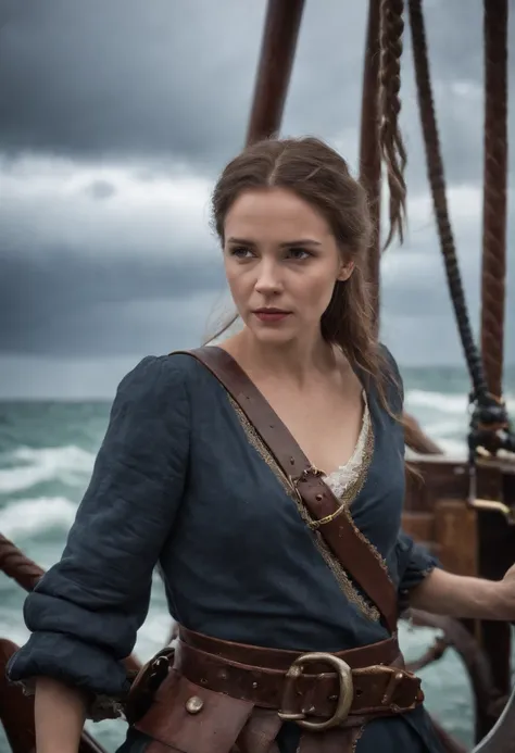 Barbarosha Sea Redding，Stand at the bow of the pirate ship，Wielding a giant sword，Painful expression，In the square，dark stormy clouds