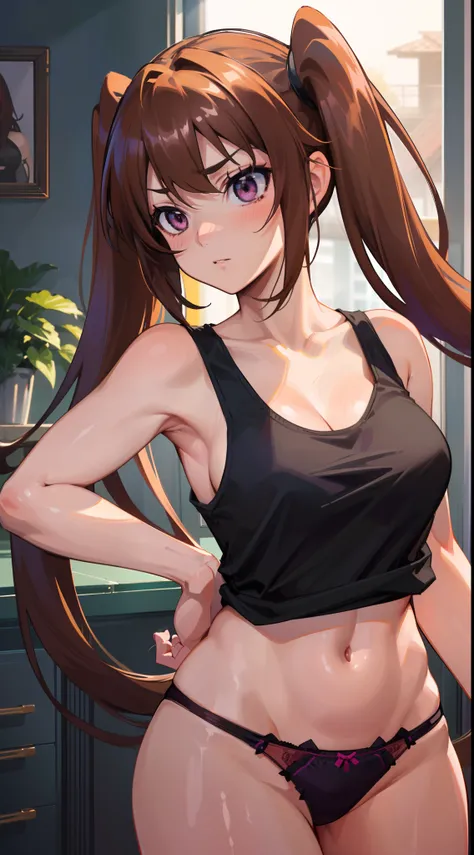 (best quality, master-piece:1.2), long brown hair, purple eyes, (ultra-detailed eyes), twintails, beautiful, Shidou Irina, medium breasts, standing, (upper body), (indoors), bdsm, dominant, evil, (((tank top, panties))), (close-up), perfect anatomy, (sleev...