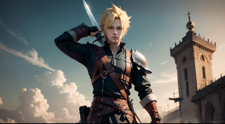 Hair yellow boy holding a sword final fantasy character cloud Strife wearing black clothes detailed